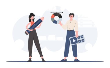 Bir adam ve bir kadın tam gelişim içinde ve ellerinde bir renk çarkı ve büyük bir kalem tutuyorlar. Tasarım. Sunum elementi. Vektör illüstrasyonu