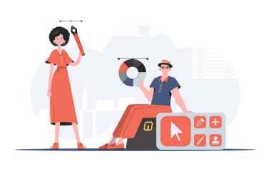 Bir adam bir kadının yanında renk çarkı tutarak oturur. Tasarım. Sunum elementi. Vektör illüstrasyonu