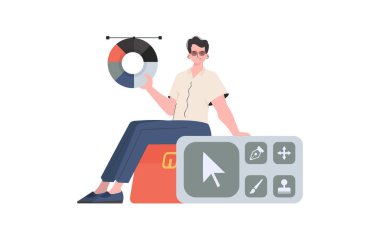 Tasarımcı panelinde oturan bir adam. İzole edilmiş. Sunum elementi. Vektör illüstrasyonu