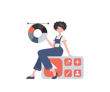 Tasarımcı panelinde oturan bir kadın. İzole edilmiş. Sunum elementi. Vektör illüstrasyonu