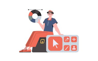 Elinde renk çarkı olan bir adam oturuyor. İzole edilmiş. Sunum elementi. Vektör illüstrasyonu