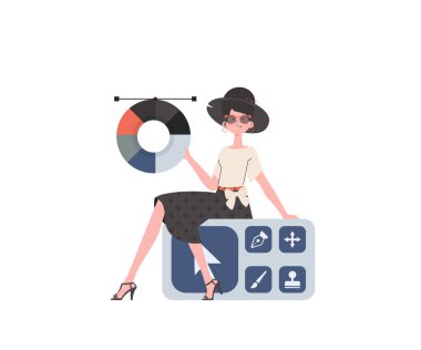 Bir kadın renk çarklı bir tasarımcının panelinde oturuyor. İzole edilmiş. Sunum elementi. Vektör illüstrasyonu