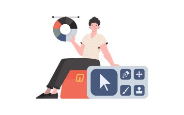 Bir adam renk çarklı bir tasarımcının panelinde oturuyor. İzole edilmiş. Sunum elementi. Vektör illüstrasyonu