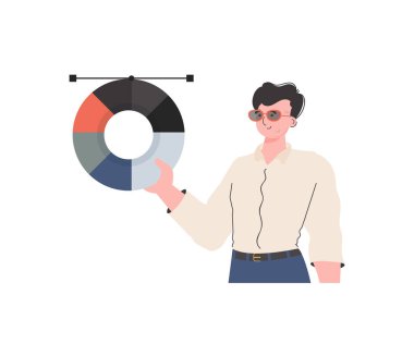 Bir adam beline kadar ayakta durur ve bir renk paleti tutar. İzole edilmiş. Sunum elementi. Vektör illüstrasyonu