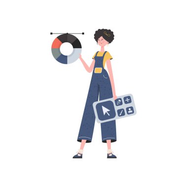 Bir kadın tamamen büyümüş ve bir tasarımcının panelini tutuyor. İzole edilmiş. Sunum elementi. Vektör illüstrasyonu