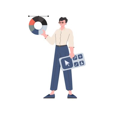 Adam boyuna kadar ayakta duruyor ve tasarımcının panelini tutuyor. İzole edilmiş. Sunum elementi. Vektör illüstrasyonu