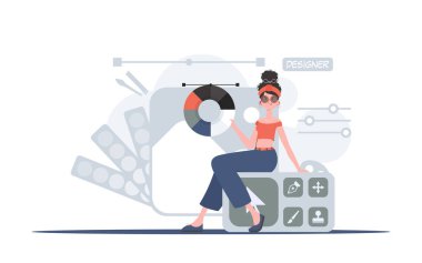 Bir kadın elinde renk çarkı olan bir tasarım panelinde oturuyor. Tasarım. Sunum elementi. Vektör illüstrasyonu