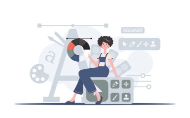 Bir kadın tasarım paneline oturur ve bir renk paleti tutar. Tasarım. Sunum elementi. Vektör illüstrasyonu