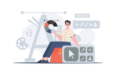 Bir adam bir bavula oturur ve bir renk paleti tutar. Tasarım. Sunum elementi. Vektör illüstrasyonu