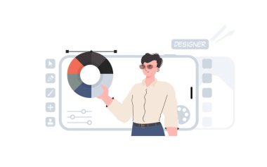 Bir adam beline kadar ayakta durur ve bir renk paleti tutar. Tasarım. Sunum elementi. Vektör illüstrasyonu