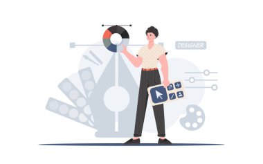 Adam boyuna kadar ayakta duruyor ve tasarımcının panelini tutuyor. Tasarım. Sunum elementi. Vektör illüstrasyonu