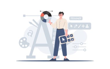 Bir adam renk çarklı tasarımcı paneli tutarak tam gelişim içinde duruyor. Tasarım. Sunum elementi. Vektör illüstrasyonu