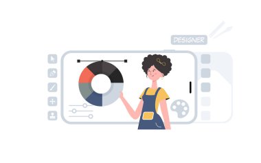 Bir kadın beline kadar ayakta durur ve bir renk paleti tutar. Tasarım. Sunum elementi. Vektör illüstrasyonu