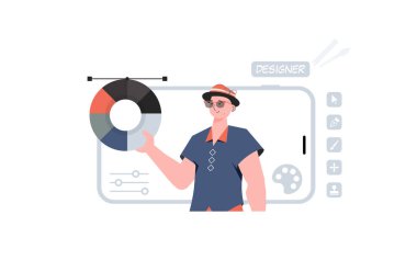 Bir adam beline kadar elinde renk çarkıyla ayakta durur. Tasarım. Sunum elementi. Vektör illüstrasyonu