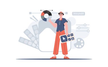 Elinde renk çarkı olan bir adam büyümekte. Tasarım. Sunum elementi. Vektör illüstrasyonu