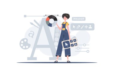 Bir kadın tamamen büyümüş ve bir tasarımcının panelini tutuyor. Tasarım. Sunum elementi. Vektör illüstrasyonu