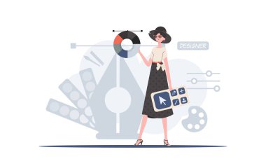 Ayakta duran kadın renk tekerli tasarımcı paneli tutuyor. Tasarım. Sunum elementi. Vektör illüstrasyonu