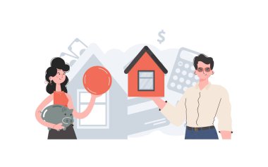 Kız ve erkek bir ev alır. Gayrimenkul ya da daire alma fikri. İnsanlar beline kadar tasvir edilir. Trend vektör illüstrasyonu.