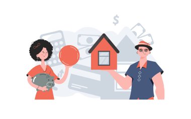 Kız ve erkek bir ev alır. Ev satın alma fikri. İnsanlar beline kadar tasvir edilir. Trend vektör illüstrasyonu.