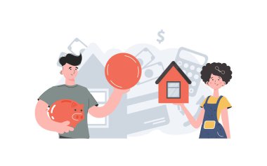 Aile bir ev satın alır. Gayrimenkul ya da daire alma fikri. İnsanlar beline kadar tasvir edilir. Trend vektör illüstrasyonu.