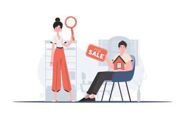 Emlakçı takımı. Emlak satın alma konsepti. Web siteleri, uygulamalar ve sunumlar için iyi. Düz stil. Vektör illüstrasyonu.