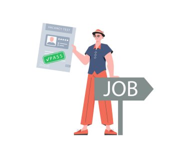 Adam elinde boş bir yer için sınavı geçiyor. İş arama ve insan kaynakları konsepti. Trend biçimi, vektör illüstrasyonu.