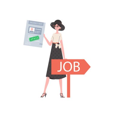 Bir kadın, boş bir yer için sınavı geçmek üzere elinde tutuyor. İş arama ve insan kaynakları konsepti. Beyaz arka planda izole edilmiş. Düz bir şekilde vektör illüstrasyonu.