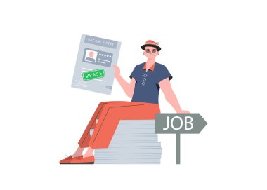 Bir adam elinde boş bir pozisyon için sınavı geçiyor. Çalışanları bulma kavramı. Trend biçimi, vektör illüstrasyonu.