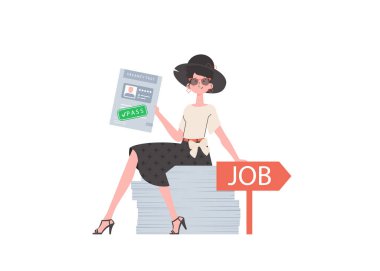 Kız, boş bir yer için sınavı geçti ve elinde tutuyor. Çalışanları bulma kavramı. Beyaz arka planda izole edilmiş. Trend biçimi, vektör illüstrasyonu.