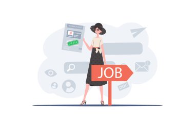 Bir kadın, boş bir yer için sınavı geçmek üzere elinde tutuyor. İş arama ve insan kaynakları konsepti. Düz bir şekilde vektör illüstrasyonu.