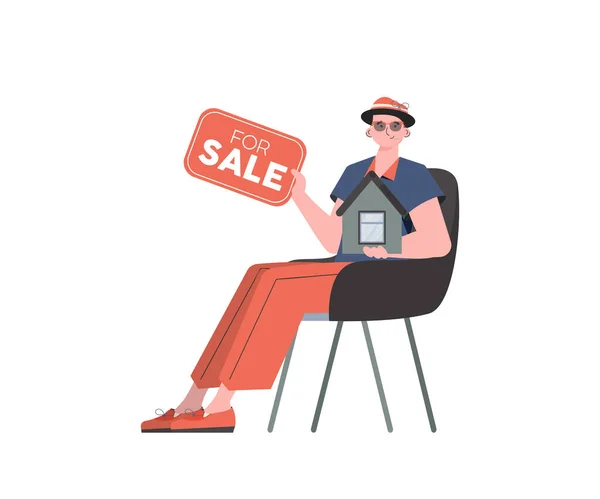 Man Sits Chair Sign His Hands Sale Selling House Real — Stock Vector