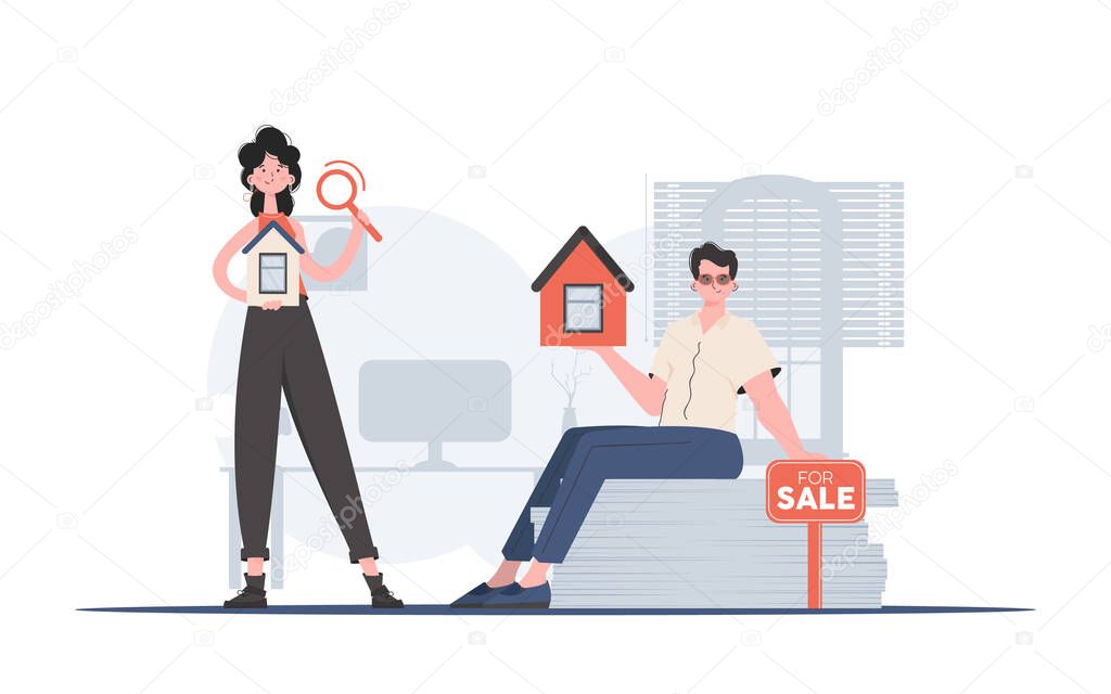 Guy and girl realtors. The concept of buying a house. Good for websites, apps and presentations. trendy style. Vector.