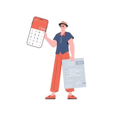Bir adam elinde bir hesap makinesi ve vergi formu tutuyor. Beyaz arka planda izole edilmiş. Düz bir şekilde vektör illüstrasyonu.
