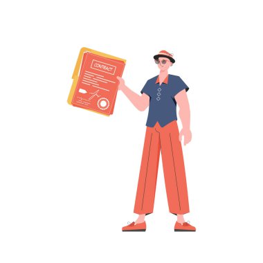 Adamın elinde bir kontrat var. Karakter tam gelişim ile tasvir edilir. Beyaz arka planda izole edilmiş. Trend biçimi, vektör illüstrasyonu.