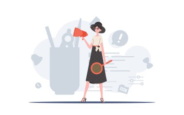 Bir kadın elinde hoparlör ve elinde büyüteçle tam güçte duruyor. İnsan Kaynakları. Sunum elementi. Vektör illüstrasyonu