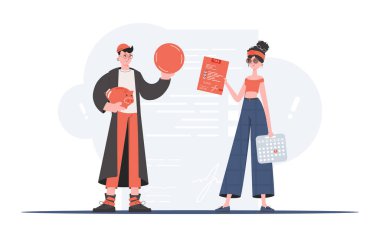 Bir adam ve bir kadın domuz kumbarası ve vergi belgeleriyle tam gelişim içindeler. Vergi ödemesi. Sunum elementi. Vektör illüstrasyonu