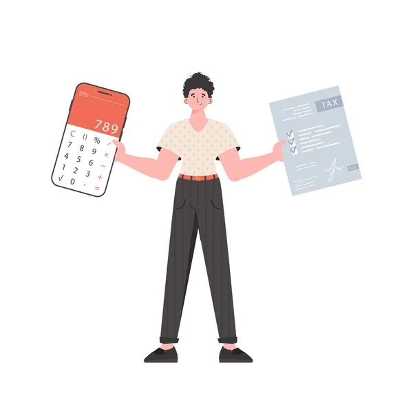 Guy Holding Calculator Tax Form His Hands Isolated White Background — Stock Vector