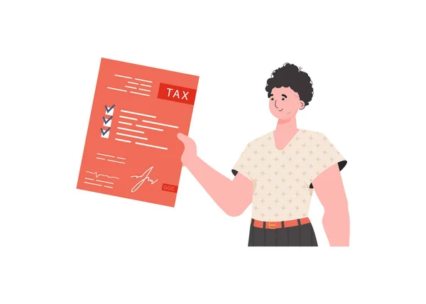 Homme Tient Taille Profonde Tient Une Forme Taxes Payées Dans — Image vectorielle