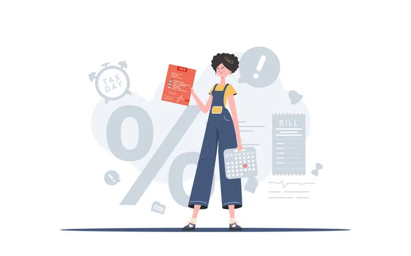 Kobieta Pełni Rośnie Posiada Kalkulator Deklarację Podatkową Płacenie Podatków Element — Wektor stockowy