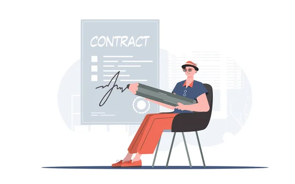 Homme Assoit Sur Une Chaise Pour Apposer Signature Sur Document — Image vectorielle