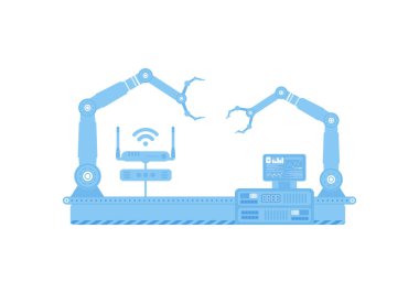 Robot kollu otomatik taşıma hattı. İnternet ve otomasyon kavramı. İzole edilmiş. Vektör.