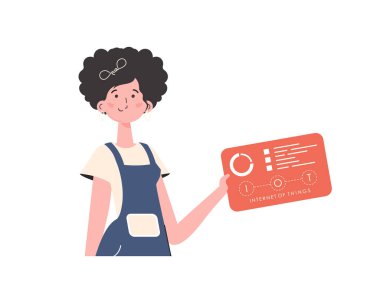 Bir kadın elinde analiz cihazları ve göstergelerle bir panel tutuyor. İlginç bir kavram. İzole edilmiş. Düz moda vektör illüstrasyonuName.