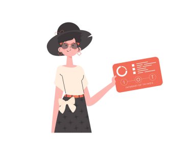 Bir kadın elinde analiz cihazları ve göstergelerle bir panel tutuyor. İlginç bir kavram. İzole edilmiş. Moda düz stil. Vektör.