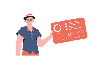 Bir adam elinde analiz cihazları ve göstergelerle bir panel tutuyor. İnternet ve otomasyon konsepti. İzole edilmiş. Moda düz stil. Vektör.