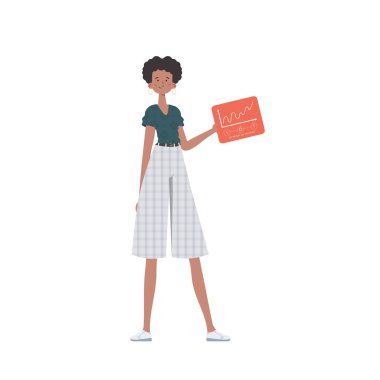 Bir kadın elinde analiz cihazları ve göstergelerle bir panel tutuyor. İnternet ve otomasyon konsepti. İzole edilmiş. Vektör illüstrasyonu.