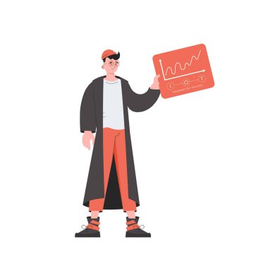 Bir adam elinde analiz cihazları ve göstergelerle bir panel tutuyor. İlginç bir kavram. İzole edilmiş. Düz biçimli vektör illüstrasyonu.