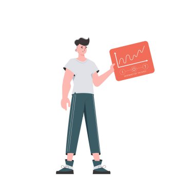 Bir adam elinde analiz cihazları ve göstergelerle bir panel tutuyor. İlginç bir kavram. İzole edilmiş. Moda düz stil. Vektör.