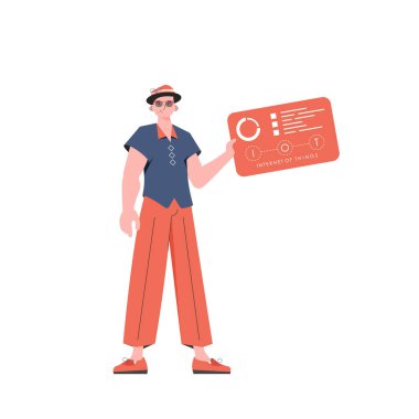 Bir adam elinde analiz cihazları ve göstergelerle bir panel tutuyor. İnternet konsepti. İzole edilmiş. Düz moda vektör illüstrasyonuName.