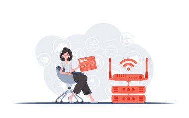 İlginç bir kavram. Bir kadın sandalyeye oturur ve elinde analiz cihazları ve göstergelerle bir panel tutar. Web siteleri ve sunumlar için iyi. Moda düz stil. Vektör.