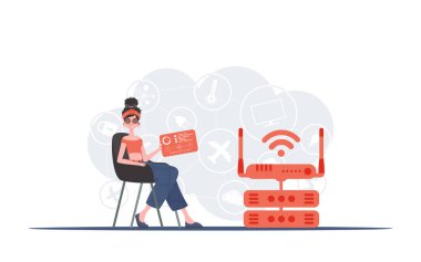 İnternet konsepti. Bir kadın sandalyeye oturur ve elinde analiz cihazları ve göstergelerle bir panel tutar. Web siteleri ve sunumlar için iyi. Vektör illüstrasyonu.
